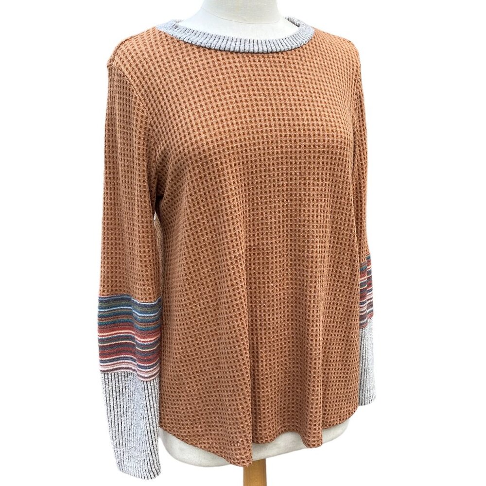BUCKETLIST Waffle Knit Contrast Cuff Top Thermal Stripes Cowgirl Western USA-M